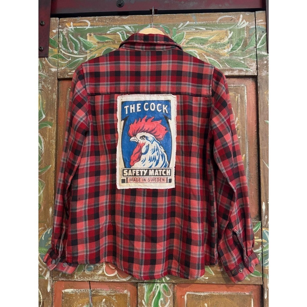 Distressed/‎ Reworked Flannel| Rooster Vintage Patchwork| Boho festival wear| S